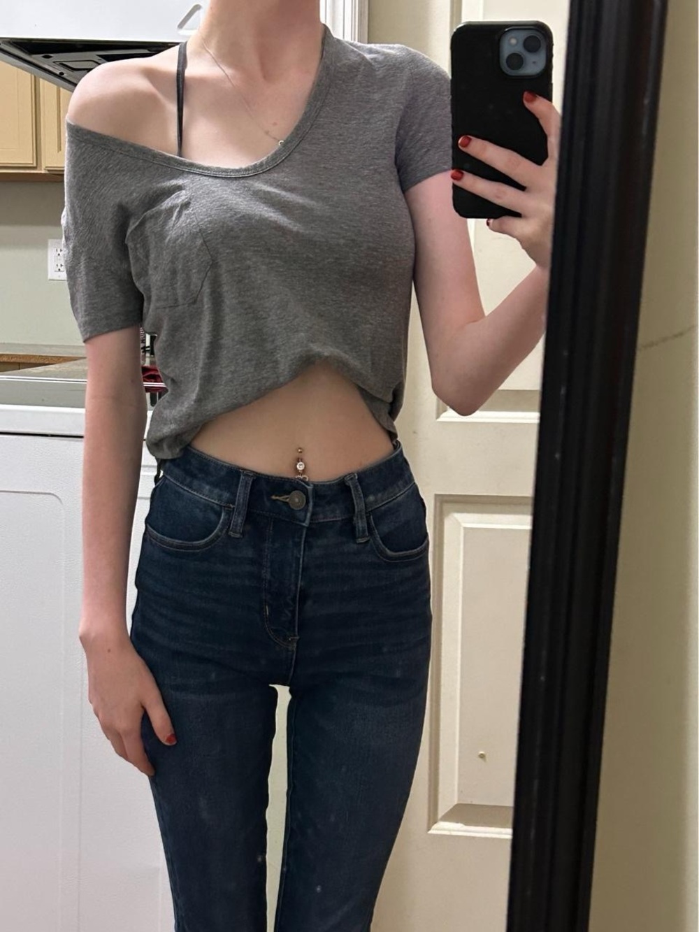 Gray Short Sleeve Off-Shoulder Crop Tee